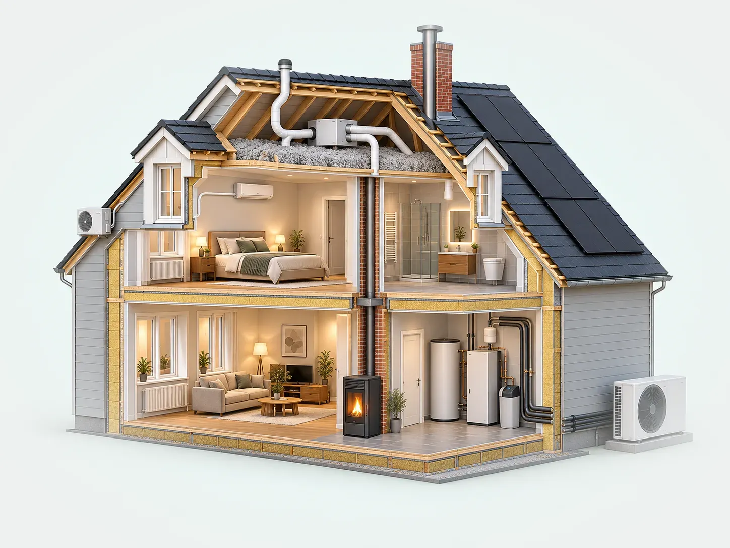Maison en coupe : combles isolés avec VMC, panneaux solaires, climatisation dans la chambre, murs isolés, poêle à granulés dans le séjour, adoucisseur, module de pompe à chaleur et unité extérieure.