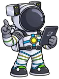 Kosmo, mascotte conseillère de KOS, en combinaison d'astronaute avec une tablette