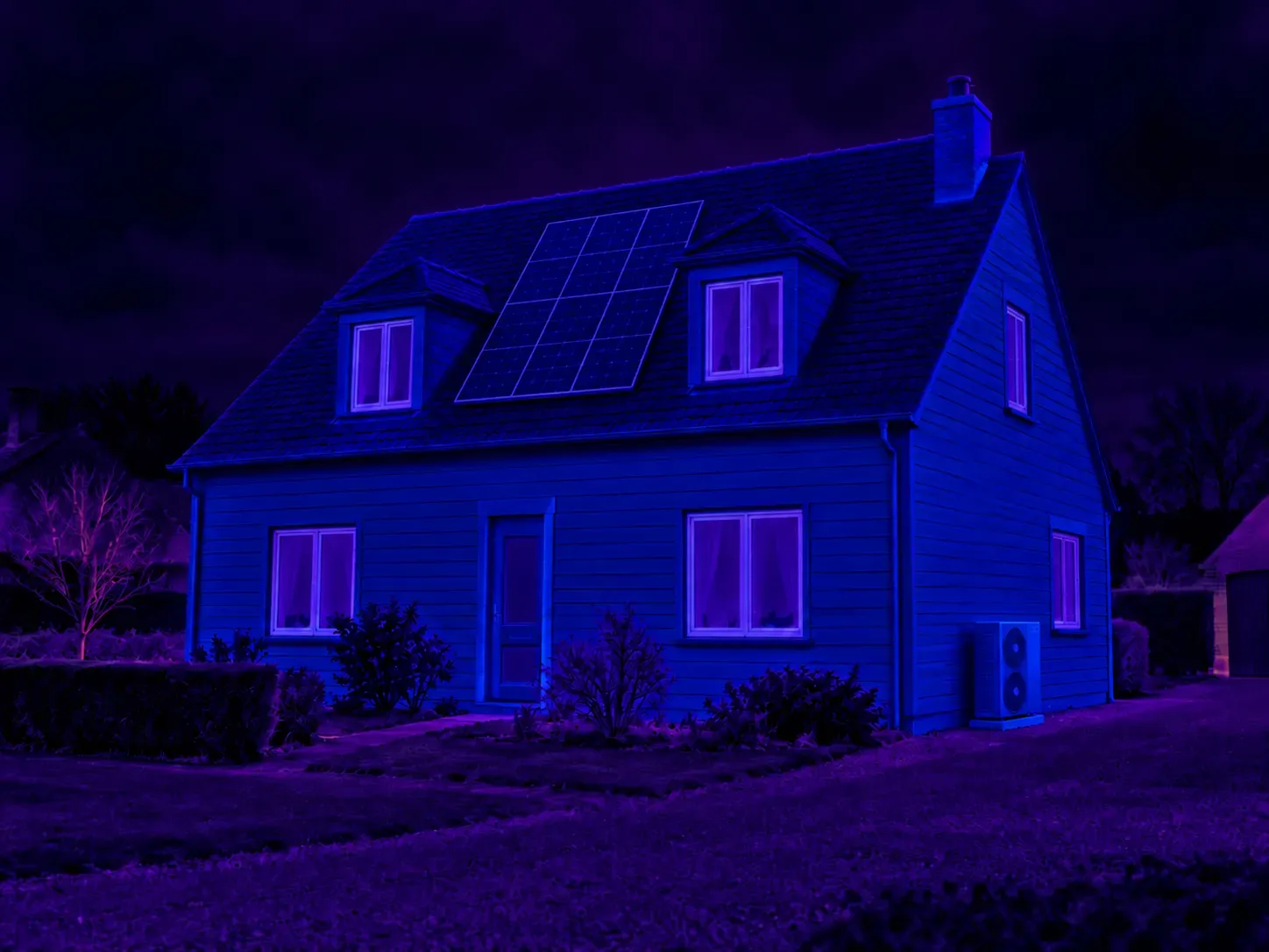 La même maison après travaux : toit isolé avec panneaux solaires, façade en bardage isolant, grande pompe à chaleur contre le mur ; tout est bleu, la chaleur reste à l'intérieur.