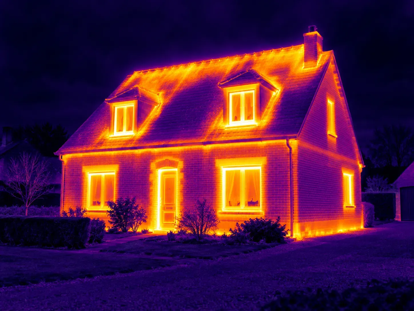 Vue thermique d'une maison mal isolée : toit, fenêtres, porte et bas des murs brillent en orange et jaune, la chaleur s'échappe.