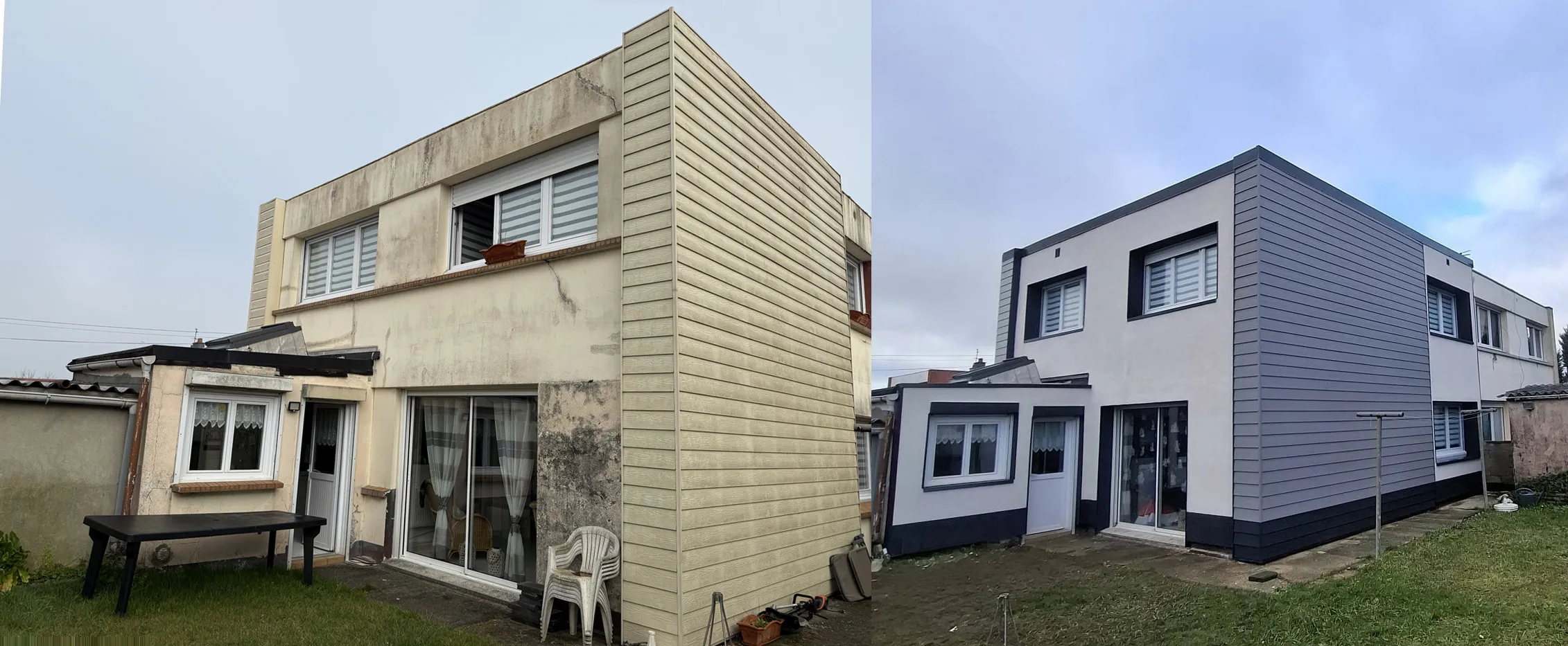 Avant et après : façade crépie jaunie à gauche, façade isolée avec enduit clair et bardage gris à droite, à Wimille
